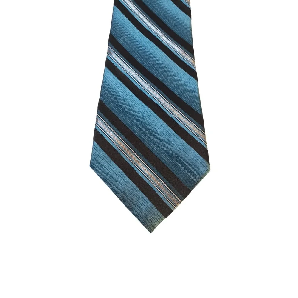 Croft & Barrow Luxury Silk Tie Classic Designer Striped Black Blue‎ Silver